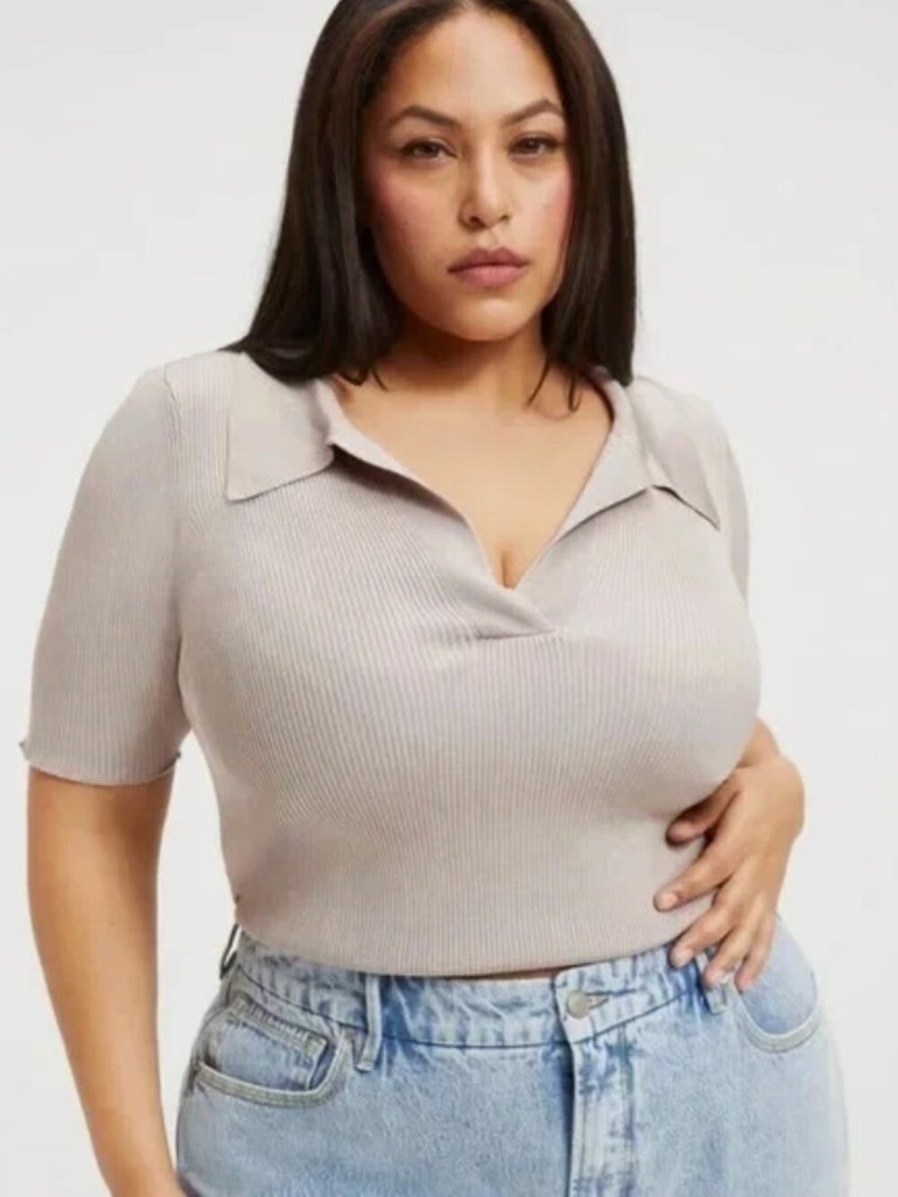 Good American Ribbed Deep V-neck Stretch Polo Biege